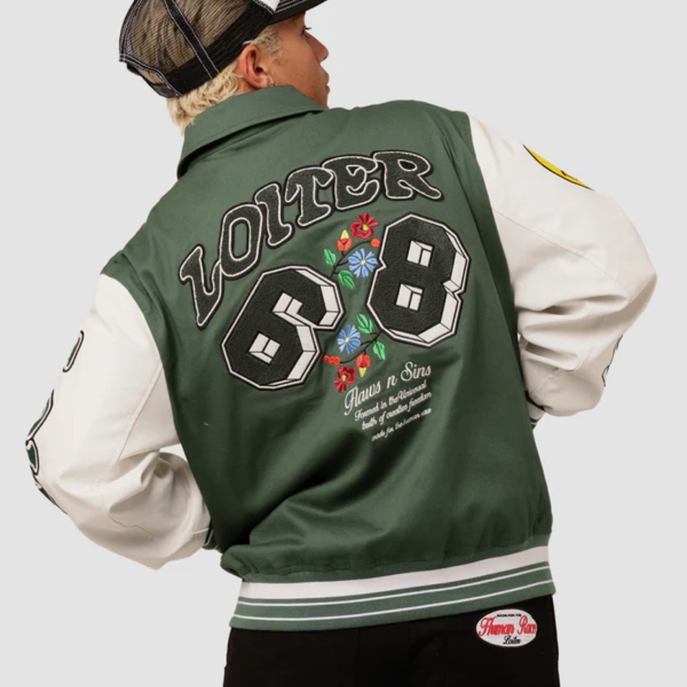 LOITER Flaws And Sins Varsity Logo Jacket size Medium Green Off White $229 - Picture 3 of 16